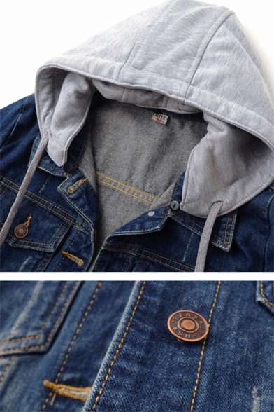 Edgy Ladies Hooded Color-blocking Pocket Drawcord Long Sleeve Single Breasted Denim Jacket