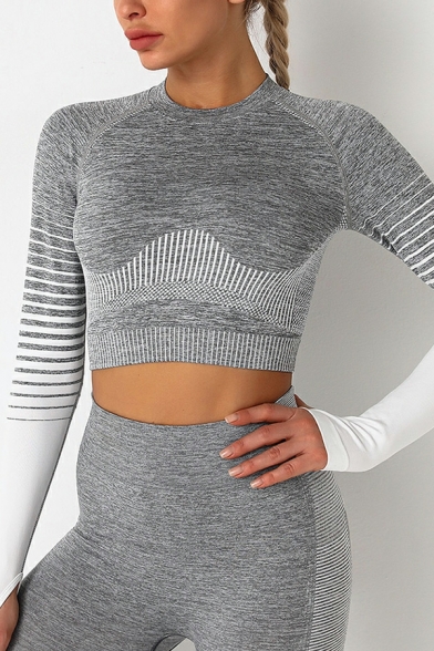 Edgy Striped Print Crew Neck Long Sleeves Slim Fitted Cropped Tee Top for Ladies