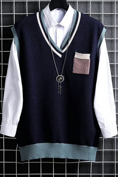 Fancy Contrast Color V-Neck Loose Fitted Chest Pocket Knitted Vest for Boys