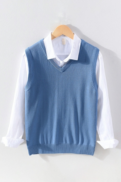 Leisure Boy's Whole Colored V Neck Sleeveless Relaxed Ribbed Hem Knitted Vest