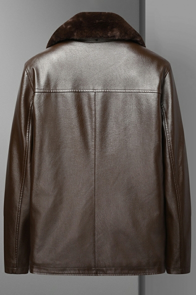 Leisure Men Solid Pocket Spread Collar Long Sleeve Regular Fit Zip Fly Leather Fur Jacket