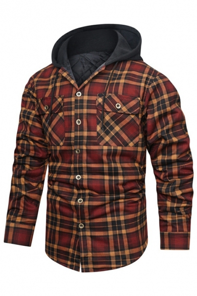 Mens Cool Checked Printed Chest Pocket Long-Sleeved Hooded Slim Fit Button Up Coat