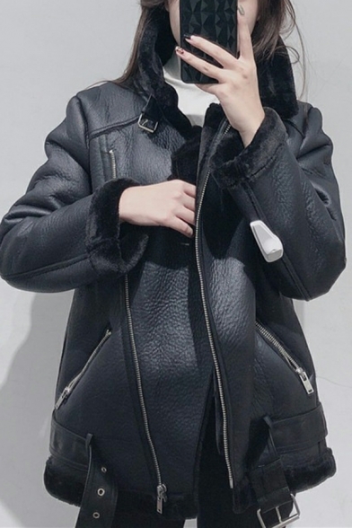 Street Look Women Solid Color Pocket Lapel Collar Long Sleeves Zipper Leather Jacket