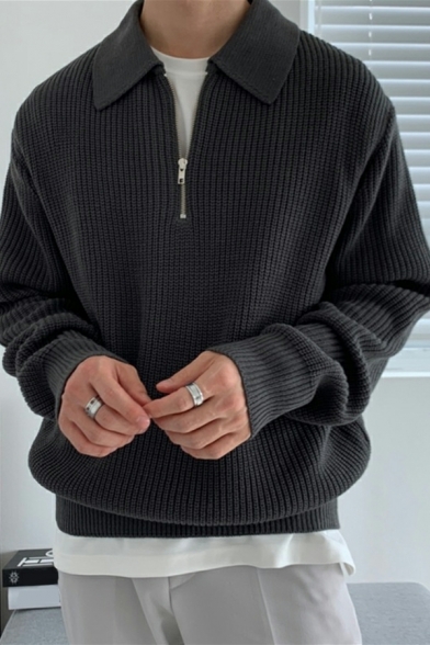 Stylish Guy's Sweater Solid Color Zipper Long Sleeve Spread Collar Fitted Pullover Sweater