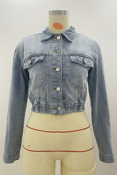 Trendy Women Plain Spread Collar Pocket Long Sleeve Button Up Distressed Crop Denim Jacket