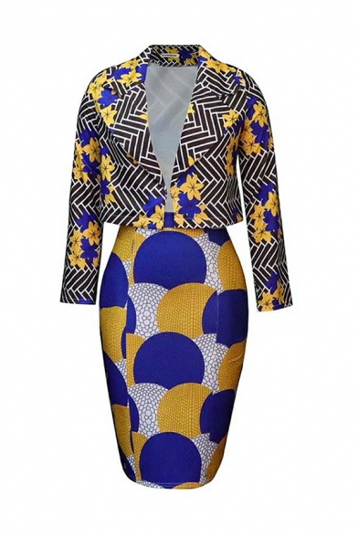 Unique Women's Geometric Print Lapel Collar Long Sleeves Blazer with Skinny Skirt Set