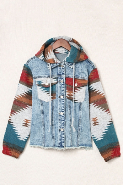 Women Freestyle Tribal Pattern Long Sleeves Hooded Chest Pocket Button-up Denim Jacket