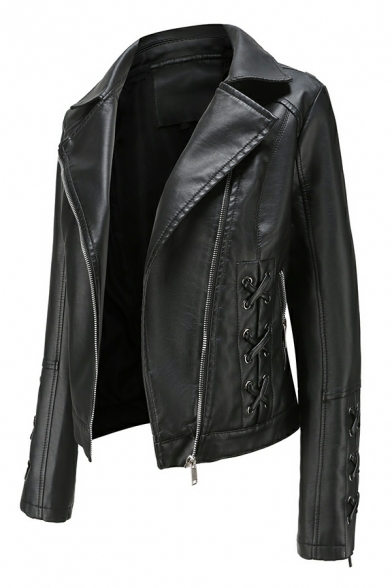 Chic Pure Color Lapel Collar Lace-up Detail Long Sleeve Slim Zip down Leather Jacket