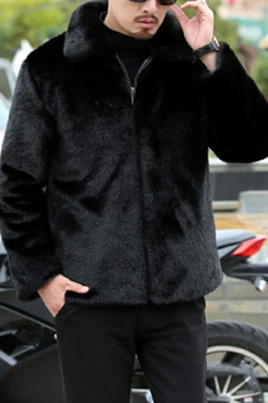 Classic Whole Colored Spread Collar Long Sleeves Zip Closure Leather Fur Jacket for Guys