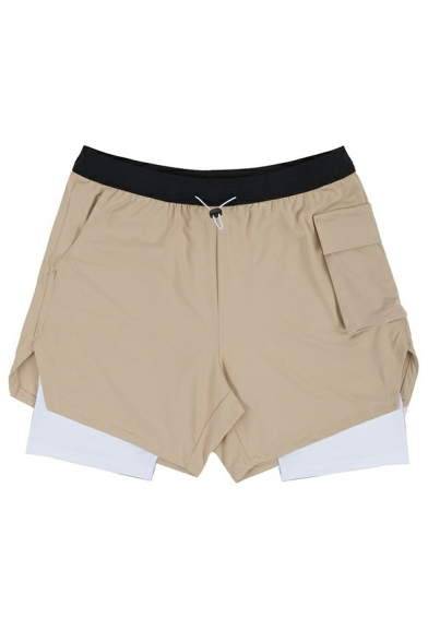 Edgy Men's Color Block Flap Pocket Double Layer Drawcord Waist Slim Fit Shorts