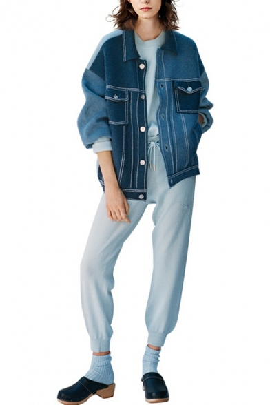 Girls Basic Contrast Color Spread Collar Long Sleeve Chest Pocket Button Fly Denim Jacket