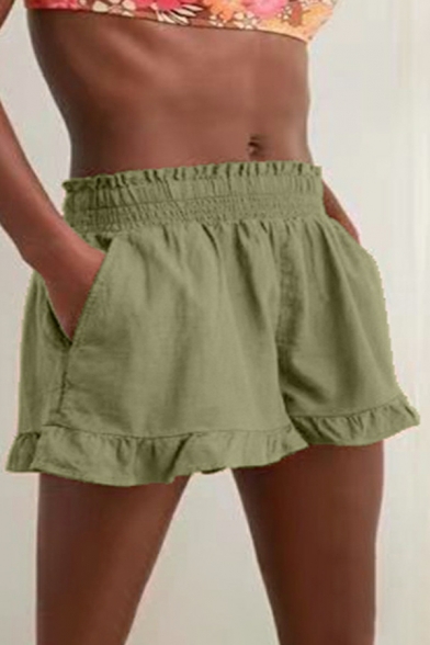 Girls Edgy Whole Colored Pocket Decoration Mid Rise Regular Fit Elastic Waist Shorts