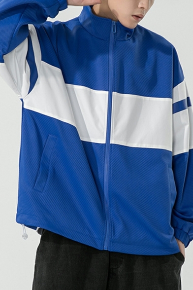Hot Guy's Contrast Color Pocket Design Long Sleeve Regular Stand Neck Zip down Jacket