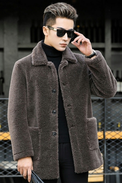 Hot Pure Color Pocket Long Sleeves Spread Collar Button up Leather Fur Jacket for Guys