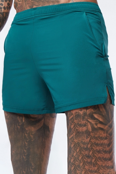 Men Athletic Whole Colored Pocket Elastic Waist Skinny Split Detail Shorts