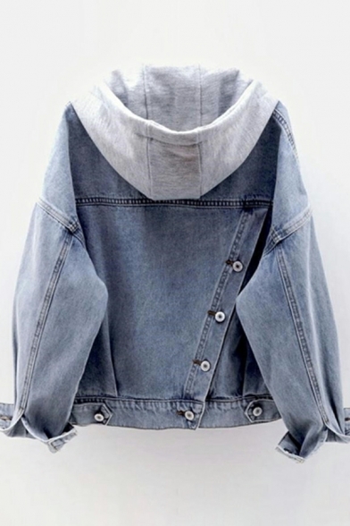 Retro Ladies Long Sleeves Plain Drawstring Chest Pocket Hooded Button Fly Denim Jacket