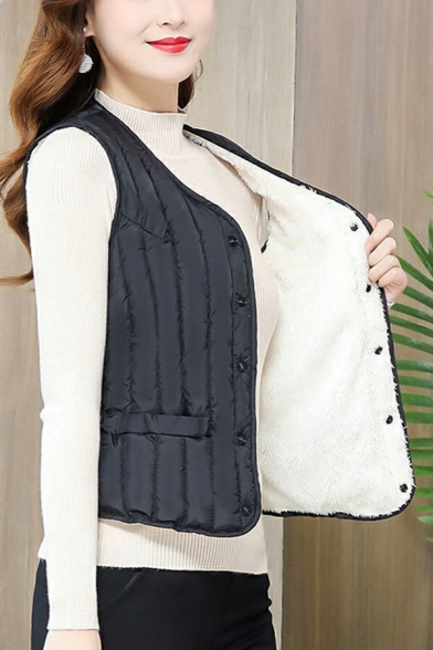 Street Style Women V-neck Solid Regular Pocket Detail Button Fly Vest