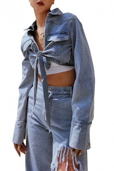 Fashion Chest Pocket Pure Color Bow Long-sleeved Spread Neck Crop Denim Jacket for Ladies