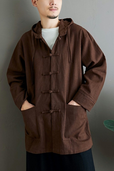 Guys Chic Solid Color Long Sleeve Hooded Drawstring Fitted Pocket Button Fly Coat