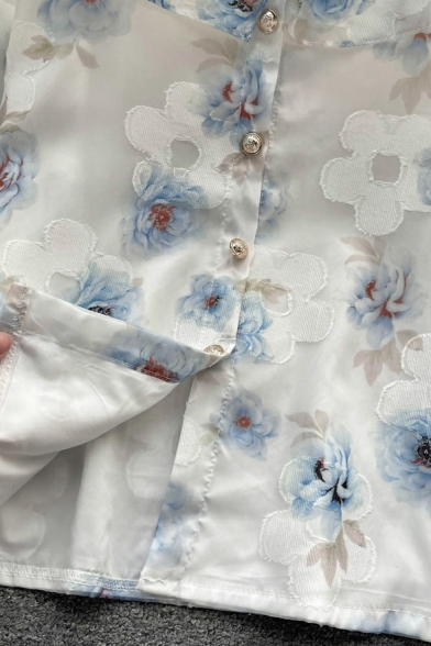 Modern Shirt Floral Print Round Collar Ruffles Long Sleeves Button Closure Shirt for Girls