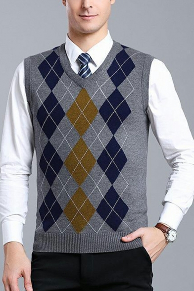 Unique Mens Plaid Printed Rib Hem Regular V-Neck Sleeveless Knitted Vest