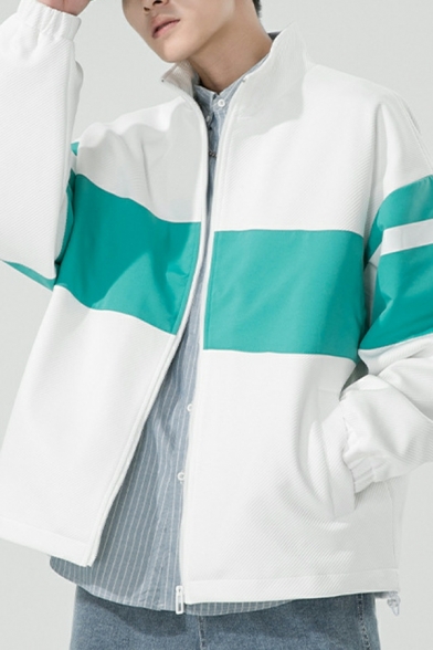 Hot Guy's Contrast Color Pocket Design Long Sleeve Regular Stand Neck Zip down Jacket