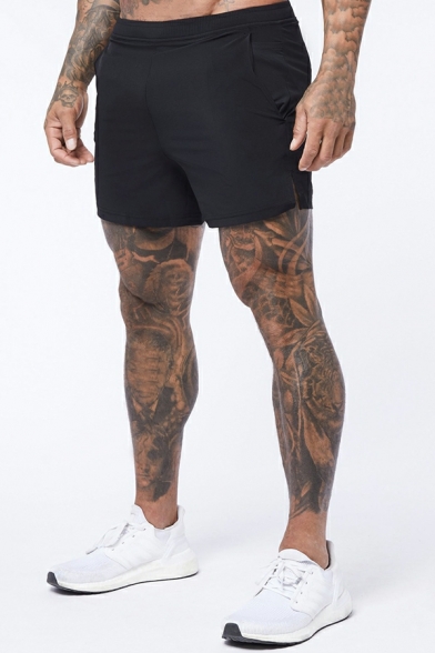 Men Athletic Whole Colored Pocket Elastic Waist Skinny Split Detail Shorts
