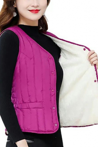Street Style Women V-neck Solid Regular Pocket Detail Button Fly Vest