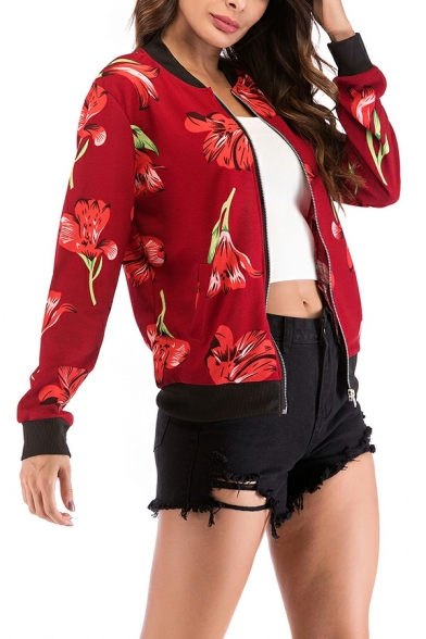 Stylish Crane Print Pocket Long Sleeves Stand Collar Fitted Zip Closure Jacket for Ladies