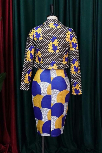 Unique Women's Geometric Print Lapel Collar Long Sleeves Blazer with Skinny Skirt Set
