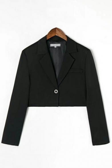 Vintage Women Pure Color Single Button Long-sleeved Lapel Collar Fitted Crop Blazer