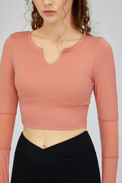 Basic Women's Plain Long-sleeved V Neck Slim Fitted Cropped Tee Top