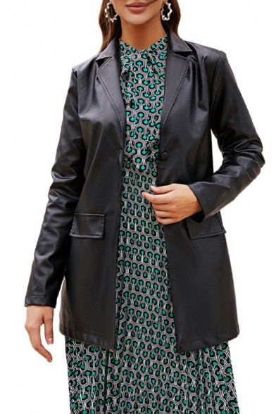 Black Leather Blazer Women Winter Parka with Lapel Single Breasted Design