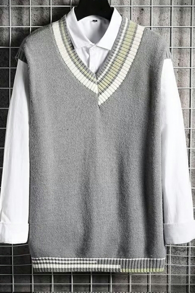 Boy's Retro Checked Printed Rib Hem V Neck Sleeveless Loose Fit Knitted Vest