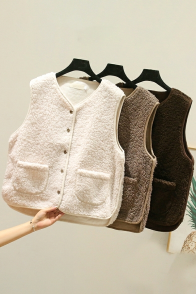 Casual Whole Colored Sleeveless V Neck Zipper Pocket Decoration Vest for Women