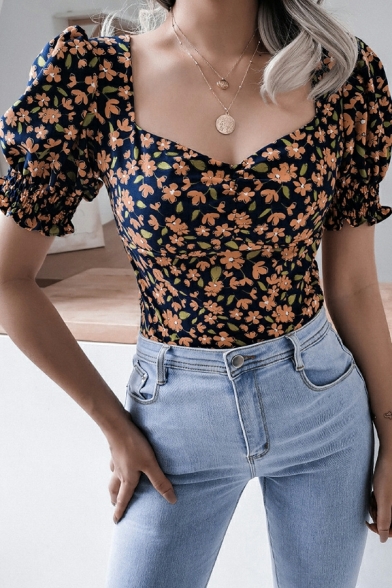 Fashion Women Blouses Floral Printed Square Collar Short-Sleeved Skinny Sashes Blouses