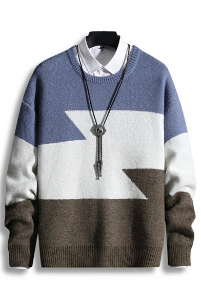 Guys Fancy Sweater Color Block Long Sleeve Round Neck Relaxed Pullover Sweater