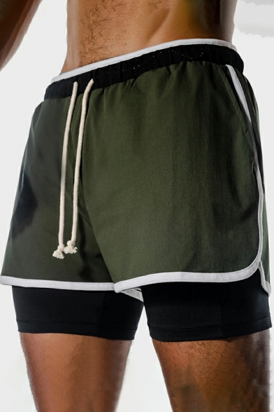 Men Boyish Color-blocking Double Layer Drawstring Waist Regular Shorts