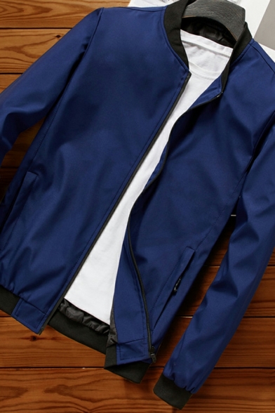 Novelty Contrast Trim Pocket Stand Neck Fitted Long Sleeve Zipper Baseball Jacket for Men