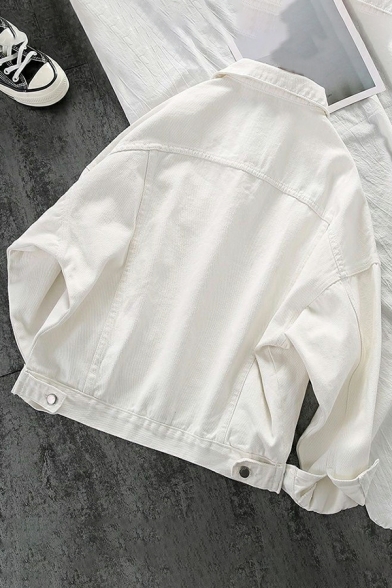 Simple Ladies Solid Color Spread Collar Long Sleeves Chest Pocket Loose Denim Jacket