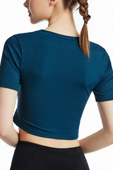 Simple Women Plain Round Collar Short Sleeve Bow Designed Crop Tee Shirt