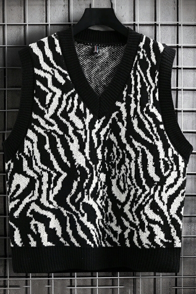 Boyish Zebra Printed V Neck Fitted Sleeveless Ribbed Hem Knitted Vest for Men