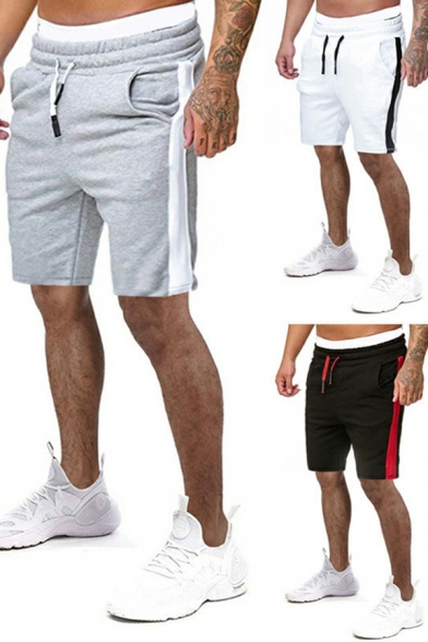 Casual Men Stripe Print Pocket Decoration Slim Fitted Drawstring Waist Shorts
