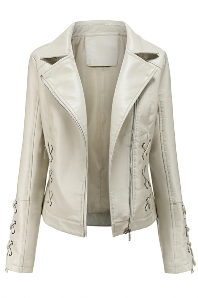 Chic Pure Color Lapel Collar Lace-up Detail Long Sleeve Slim Zip down Leather Jacket
