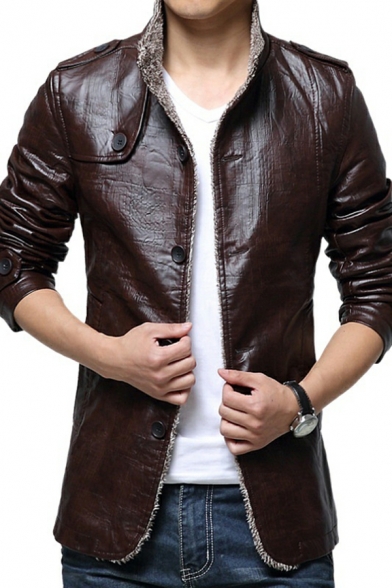 Fancy Men Plain Stand Collar Long Sleeve Slimming Button Closure Leather Fur Jacket