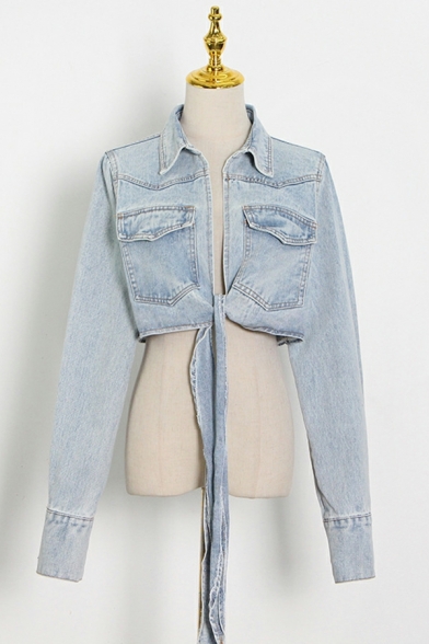 Fashion Chest Pocket Pure Color Bow Long-sleeved Spread Neck Crop Denim Jacket for Ladies