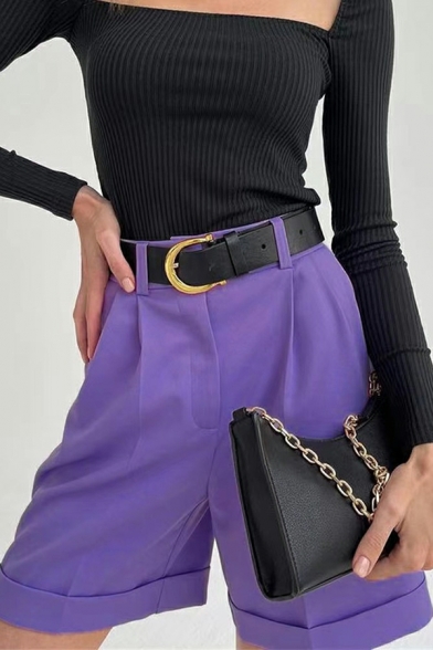 Fashionable Plain High Waist Pocket Detailed Zip Fly Shorts for Girls