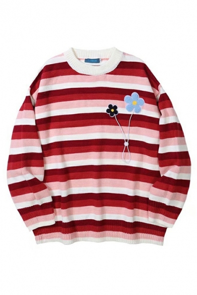Fashionable Sweater Stripe Printed Long Sleeve Crew Collar Loose Fit Sweater for Boys