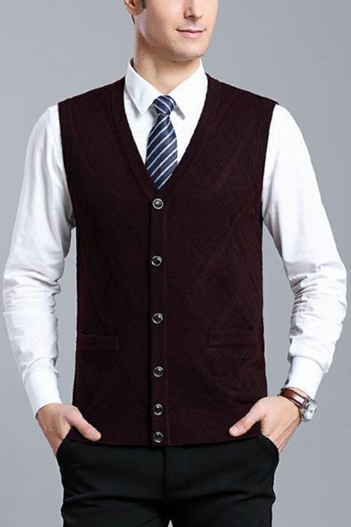 Freestyle Boy's Pure Color Sleeveless V-Neck Fitted Pocket Button Fly Knitted Vest