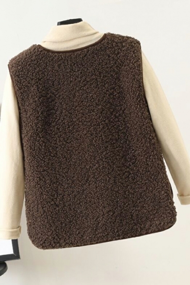 Ladies Fashionable Plain Pocket Detail V-neck Zip Closure Oversized Lambswool Vest